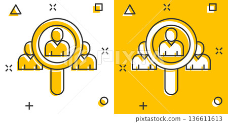 Search job vacancy icon in comic style. Loupe career cartoon vector illustration on white isolated background. Find people employer splash effect business concept. 136611613