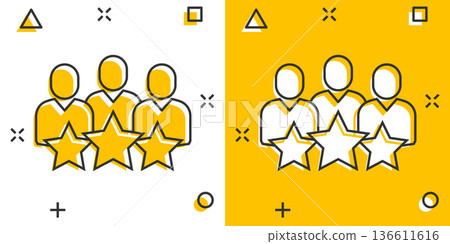 People with stars icon in comic style. Businessman rating cartoon vector illustration on white isolated background. Quality information splash effect business concept. 136611616