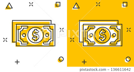 Money stack icon in comic style. Exchange cash cartoon vector illustration on white isolated background. Banknote bill splash effect business concept. 136611642