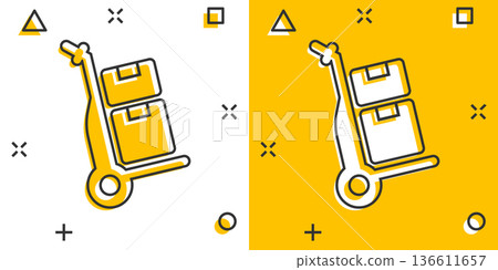 Cargo trolley icon in comic style. Delivery box cartoon vector illustration on white isolated background. Box shipping splash effect business concept. Cargo trolley icon in comic style. Delivery box cartoon vector illustration on white isolated background. Box shipping splash effect business concept. 136611657