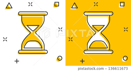 Hourglass icon in comic style. Sandglass cartoon vector illustration on white isolated background. Clock splash effect business concept. 136611673