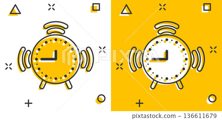 Clock icon in comic style. Watch cartoon vector illustration on white isolated background. Timer splash effect business concept. 136611679