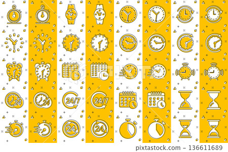 Time icon set in comic style. Agenda clock cartoon vector illustration on white isolated background. Sandglass, wristwatch timer splash effect business concept. Time icon set in comic style. Agenda clock cartoon vector illustration on white isolated background. Sandglass, wristwatch timer splash effect business concept. 136611689