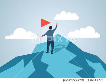 Mountain peak with flag icon in flat style. Exploration hiking vector illustration on isolated background. Success sign business concept. 136611775