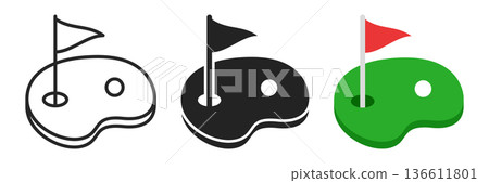 Golfing field icon set collection in flat style. Golfer vector illustration on isolated background. Golf equipment sign business concept. 136611801