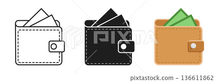 Wallet with paper bills icon set collection in flat style. Money bag vector illustration on isolated background. Financial accessory sign business concept. Wallet with paper bills icon set collection in flat style. Money bag vector illustration on isolated background. Financial accessory sign business concept. 136611862