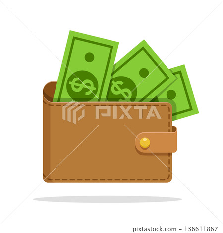 Wallet with paper bills icon in flat style. Money bag vector illustration on isolated background. Financial accessory sign business concept. 136611867