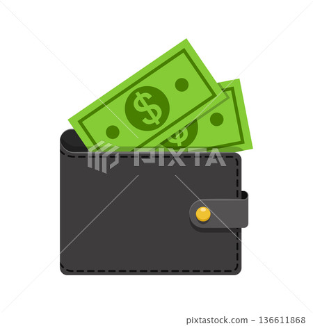 Wallet with paper bills icon in flat style. Money bag vector illustration on isolated background. Financial accessory sign business concept. 136611868