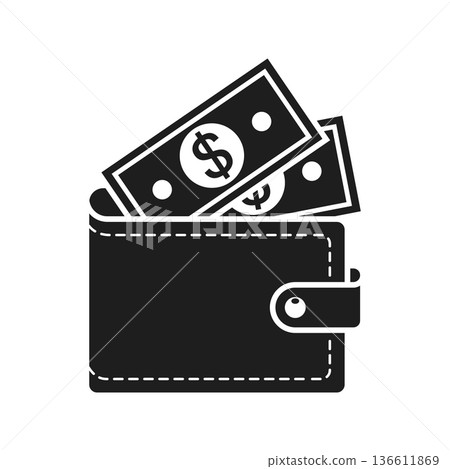 Wallet with paper bills icon in flat style. Money bag vector illustration on isolated background. Financial accessory sign business concept. Wallet with paper bills icon in flat style. Money bag vector illustration on isolated background. Financial accessory sign business concept. 136611869