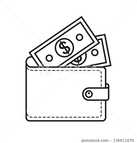 Wallet with paper bills icon in stroke outline style. Money bag vector illustration on isolated background. Financial accessory sign business concept. Wallet with paper bills icon in stroke outline style. Money bag vector illustration on isolated background. Financial accessory sign business concept. 136611870
