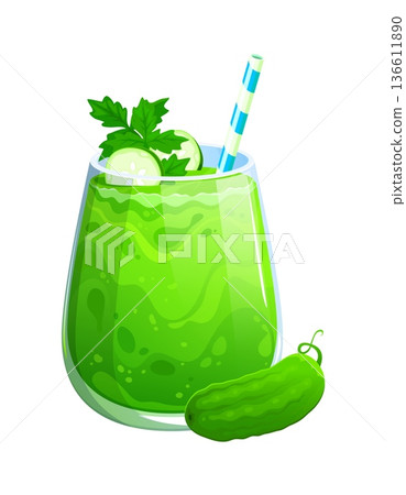 Green vegan smoothie drink in glass filled with thick liquid decorated with cucumber slices and parsley leaves on top. Healthy food and organic nutrition beverage of green vegan smoothie drink 136611890