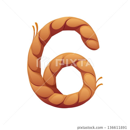 Pirate font, typeface for Caribbean corsair type, cartoon vector number 6. Piracy typography and pirate font or corsair typeface number Six in shape of ship rope or mooring line and sailboat cord 136611891