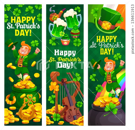Happy St Patricks day banner or vertical flyers. Irish folk celebration vector banner, party flyer. St Patrick greeting card with cheerful leprechaun, gold in pot, ale and musical instruments, clovers Happy St Patricks day banner or vertical flyers. Irish folk celebration vector banner, party flyer. St Patrick greeting card with cheerful leprechaun, gold in pot, ale and musical instruments, clovers 136611913