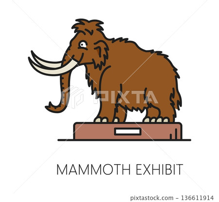 Museum and art gallery exhibition color line icon of mammoth, vector pictogram. Archeology museum and paleontology gallery exhibition outline icon of prehistoric animals or extinct mammoth exhibit 136611914