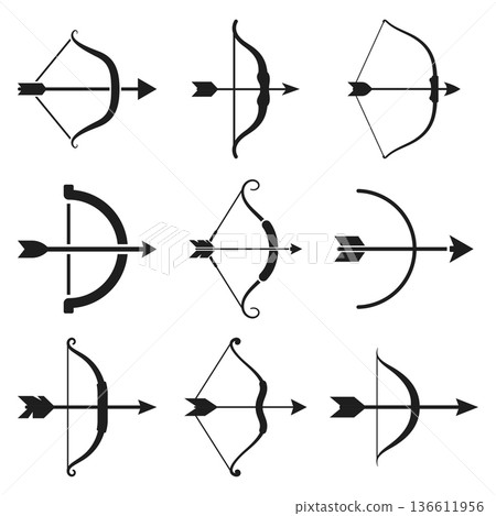 Archer bow icon set collection in flat style. Archery weapon vector illustration on isolated background. Hunter target sign business concept. Archer bow icon set collection in flat style. Archery weapon vector illustration on isolated background. Hunter target sign business concept. 136611956