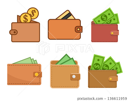 Wallet with paper bills icon set collection in flat style. Money bag vector illustration on isolated background. Financial accessory sign business concept. Wallet with paper bills icon set collection in flat style. Money bag vector illustration on isolated background. Financial accessory sign business concept. 136611959