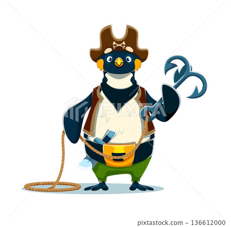 Cartoon cheerful penguin bird pirate vector character wears a brown vest, wide leather belt and pirate tricorn hat. Corsair holding a heavy grappling hook tied with a rope. Funny penguin with sword 136612000