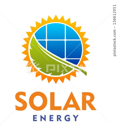 Solar energy technology icon with sun rays over the solar panels and green leaf. Vector emblem symbolizing clean, renewable energy, sustainability, electricity production and eco friendly technology 136612051