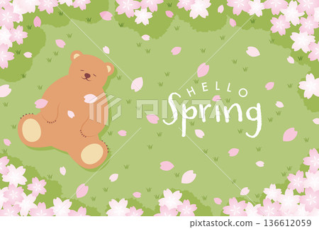 Background illustration of a bear lying down in a field with falling cherry blossom petals Background illustration of a bear lying down in a field with falling cherry blossom petals 136612059