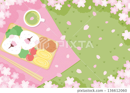 Background illustration of a Japanese-style cherry blossom viewing bento with cherry blossom petals falling Background illustration of a Japanese-style cherry blossom viewing bento with cherry blossom petals falling 136612060