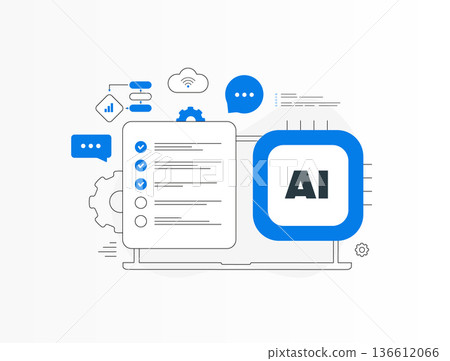 Artificial intelligence platform dashboard, AI automation workflow with checklist and chatbot interface, cloud based SaaS technology for business productivity, modern flat UI vector illustration 136612066
