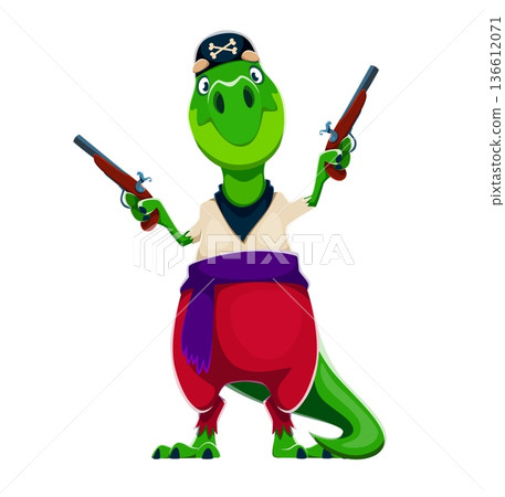 Crocodile animal pirate vector character. Cartoon green crocodile corsair in pirate costume with black hat, sash and baggy trousers and carries two pistols raised up. Cute funny pirat mascot for kids 136612071