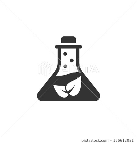 Chemistry glass icon in flat style. Lab flask with leaf vector illustration on white isolated background. Nature analysis sign business concept. 136612081