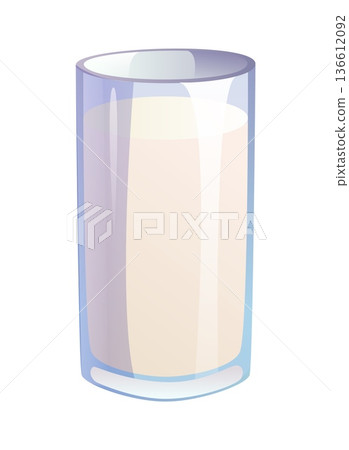 Cartoon milk drink. Tall transparent glossy glass filled with creamy white milk, isolated on white background. Fresh dairy beverage for breakfast. Vector lactose free milk, oat, coconut and rice milk 136612092