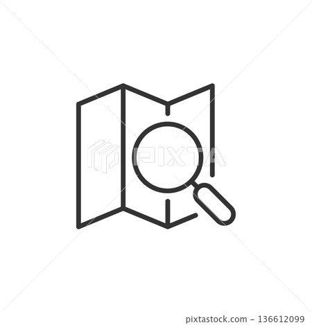 Map with magnifier icon in flat style. Gps navigation vector illustration on white isolated background. Locate position business concept. Map with magnifier icon in flat style. Gps navigation vector illustration on white isolated background. Locate position business concept. 136612099