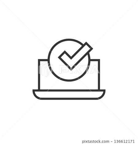 Laptop check mark icon in flat style. Computer approval vector illustration on white isolated background. Confirm business concept. Laptop check mark icon in flat style. Computer approval vector illustration on white isolated background. Confirm business concept. 136612171