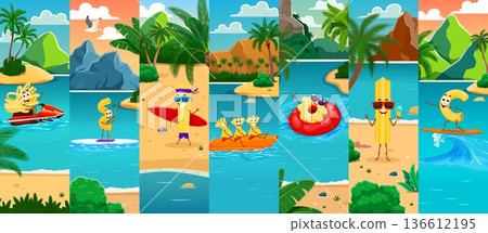 Cartoon Italian happy pasta vector characters enjoying a summer vacation. Spaghetti on jet ski, macaroni on a surfboard, penne and rigatoni on beach, lasagna on banana boat rides, fusilli on flat ring 136612195