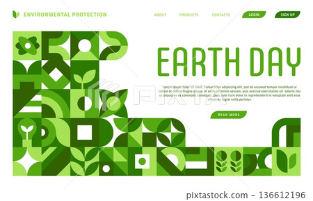 Ecology Earth day landing page template. Layout stacked green geometric tiles and leaf like shapes arranged in a modular grid. Vector Earth day banner, save world environmental postcard Ecology Earth day landing page template. Layout stacked green geometric tiles and leaf like shapes arranged in a modular grid. Vector Earth day banner, save world environmental postcard 136612196