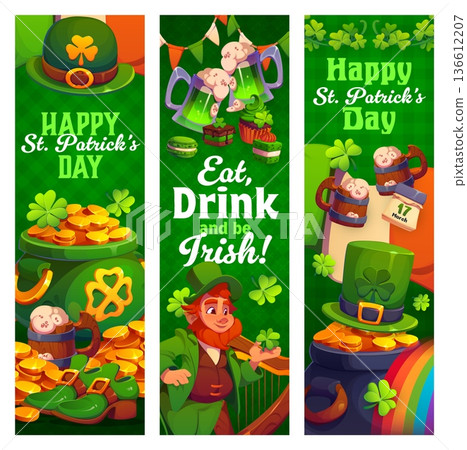 Happy St Patrick day banners set. Vector festive vertical greeting cards with cheerful cartoon leprechaun, top hat, pot of gold, clover, shoes, mug and cupcakes on green backgrounds with lucky symbols 136612207