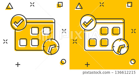Calendar with clock icon in comic style. Agenda cartoon vector illustration on white isolated background. Schedule time planner splash effect business concept. Calendar with clock icon in comic style. Agenda cartoon vector illustration on white isolated background. Schedule time planner splash effect business concept. 136612215
