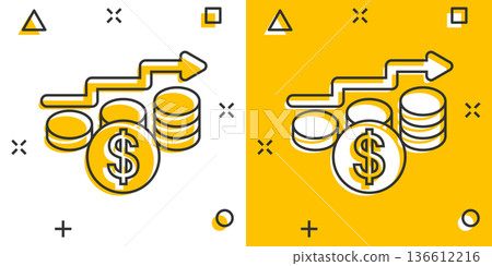 Income rate increase icon in comic style. Finance performance cartoon vector illustration on white isolated background. Coin with growth arrow splash effect business concept. Income rate increase icon in comic style. Finance performance cartoon vector illustration on white isolated background. Coin with growth arrow splash effect business concept. 136612216