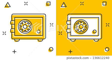 Safe money icon in comic style. Strongbox cartoon vector illustration on white isolated background. Finance security splash effect business concept. 136612240