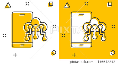 Smartphone with cloud icon in comic style. Phone network storage cartoon vector illustration on white isolated background. Online backup splash effect business concept. Smartphone with cloud icon in comic style. Phone network storage cartoon vector illustration on white isolated background. Online backup splash effect business concept. 136612242
