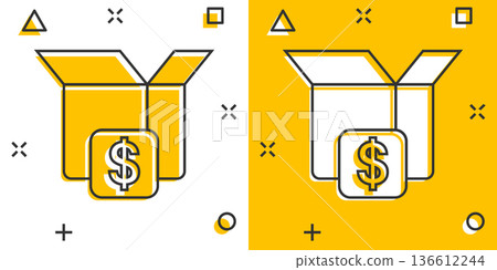 Shipping box with dollar icon in comic style. Container cartoon vector illustration on white isolated background. Cardboard package splash effect business concept. Shipping box with dollar icon in comic style. Container cartoon vector illustration on white isolated background. Cardboard package splash effect business concept. 136612244