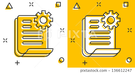Document with gear icon in comic style. Big data processing cartoon vector illustration on white isolated background. Paper sheet software solution splash effect business concept. 136612247
