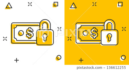 Dollar banknote with lock icon in comic style. Dollar cash safe cartoon vector illustration on white isolated background. Banknote bill security splash effect business concept. 136612255