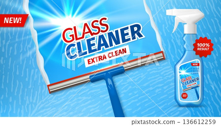 Realistic window glass cleaner bottle, squeegee and foam. Vector glass cleaner spray bottle with transparent liquid. Squeegee wipes off foamy surface to reveal shiny clean glass with sun reflections 136612259