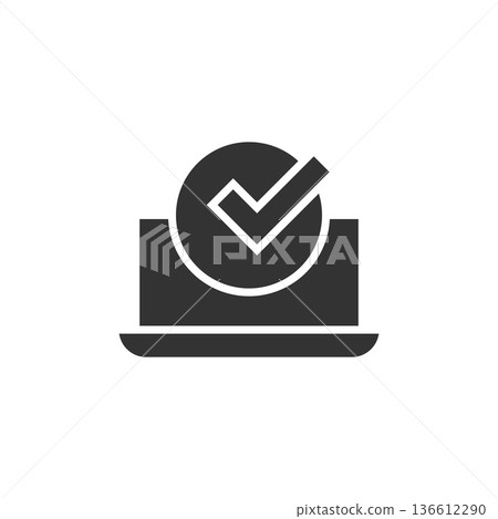 Laptop check mark icon in flat style. Computer approval vector illustration on white isolated background. Confirm business concept. Laptop check mark icon in flat style. Computer approval vector illustration on white isolated background. Confirm business concept. 136612290