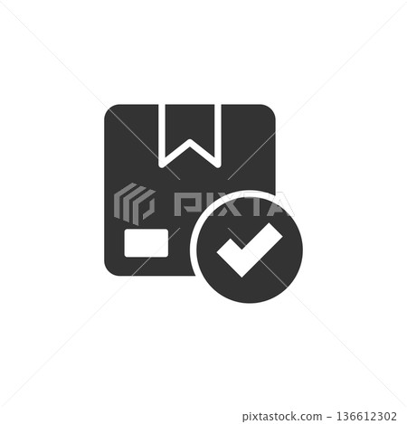 Shipping box check icon in flat style. Container approve vector illustration on white isolated background. Cardboard package business concept. Shipping box check icon in flat style. Container approve vector illustration on white isolated background. Cardboard package business concept. 136612302