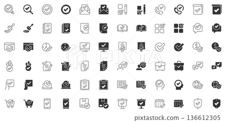 Approve icon set in flat style. Check mark vector illustration on white isolated background. Tick accepted business concept. Approve icon set in flat style. Check mark vector illustration on white isolated background. Tick accepted business concept. 136612305
