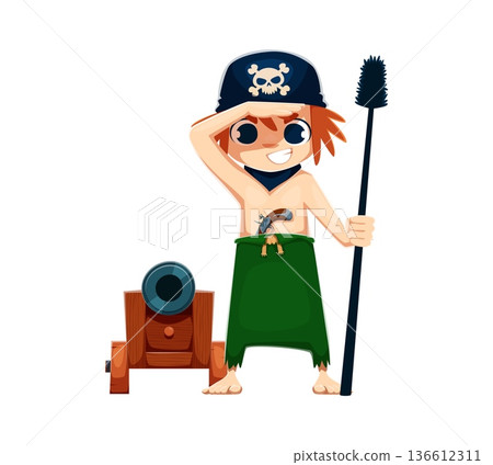 Cartoon kid corsair pirate character with cannon and cannonball pusher looking on distance. Vector brave gunner child personage in playful party costume and bandana ready for adventure and sea battle Cartoon kid corsair pirate character with cannon and cannonball pusher looking on distance. Vector brave gunner child personage in playful party costume and bandana ready for adventure and sea battle 136612311