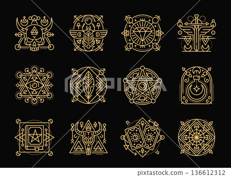 Esoteric tarot card line symbols, mystic boho tattoo. Vector set of magical occult alchemy spirituality elements or sacred patterns with pentagram, skull, moon, eye, potion, gemstone, sword, sun, book Esoteric tarot card line symbols, mystic boho tattoo. Vector set of magical occult alchemy spirituality elements or sacred patterns with pentagram, skull, moon, eye, potion, gemstone, sword, sun, book 136612312