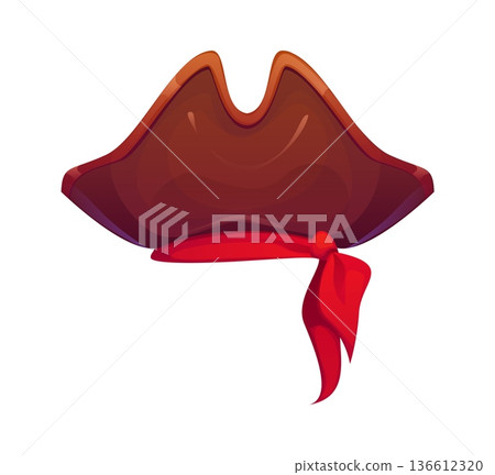Cartoon pirate tricorn hat, corsair captain headwear, headband and bandana. Brown pirate tricorn hat with a bold red fabric band. Classic captain's accessory for costume parties, or pirate events Cartoon pirate tricorn hat, corsair captain headwear, headband and bandana. Brown pirate tricorn hat with a bold red fabric band. Classic captain's accessory for costume parties, or pirate events 136612320