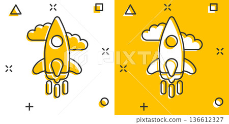 Rocket icon in comic style. Spaceship launch cartoon vector illustration on white isolated background. Sputnik splash effect business concept. 136612327