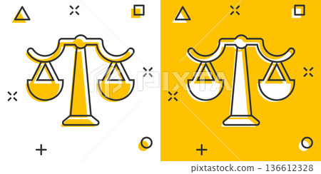 Scale balance icon in comic style. Justice cartoon vector illustration on white isolated background. Judgment splash effect business concept. 136612328