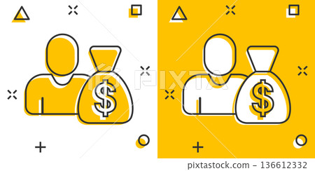 People with money bag icon in comic style. Businessman bag cartoon vector illustration on white isolated background. Bank splash effect business concept. 136612332